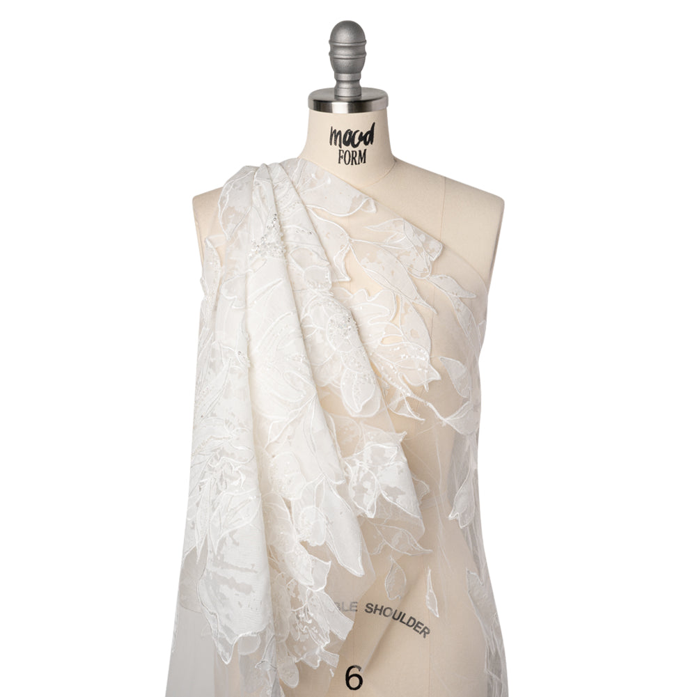 Beaded and Embroidered Tulle with Burnout Fabric Appliques - Off White Tropical Garden - Joann Fabrics