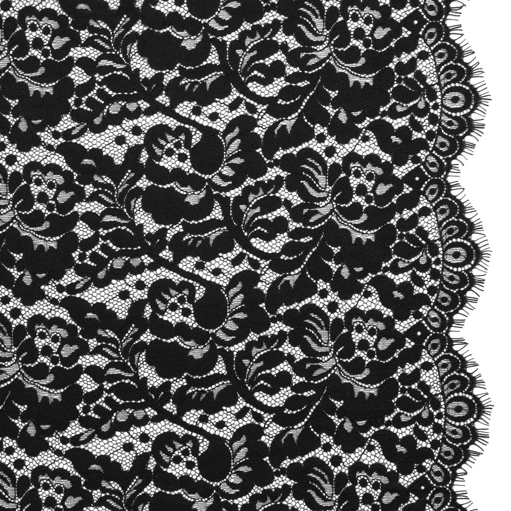 Cotton Blend Raschel Lace Panel with Finished Edges - Black Flowers and Leaves - Joann Fabrics