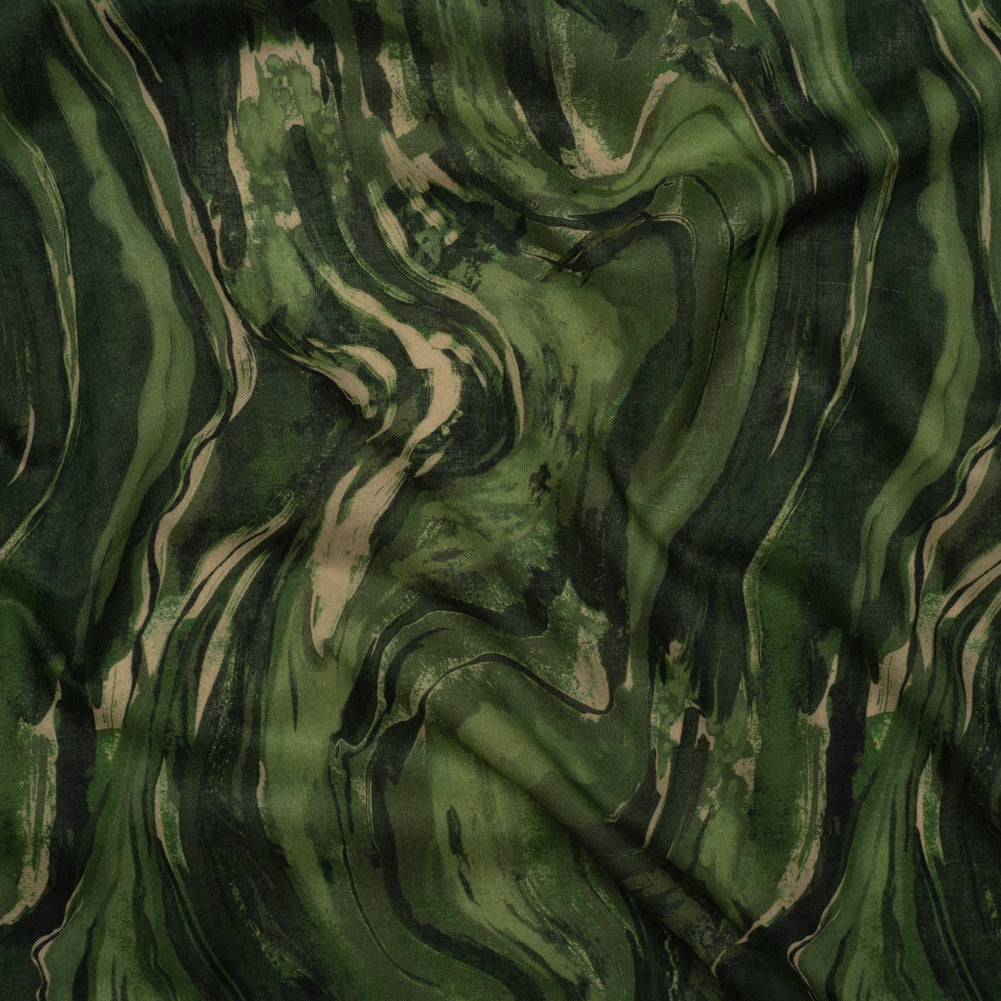 Cotton Voile - Green and Beige Abstract Swirls - Painter’s Pond Print - Mood Exclusive Acadia Collection - Joann Fabrics