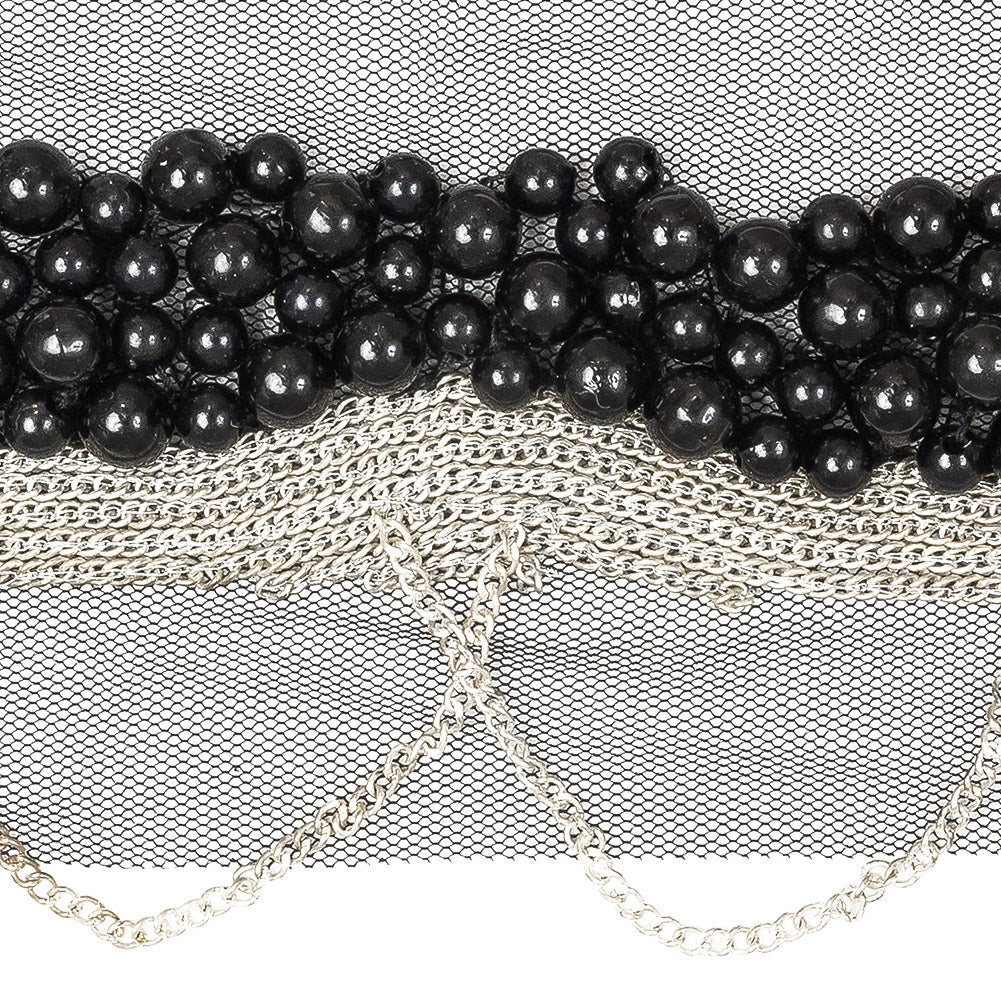 Italian Black Beaded Mesh Trimming with Silver Metal Chains - 3.5