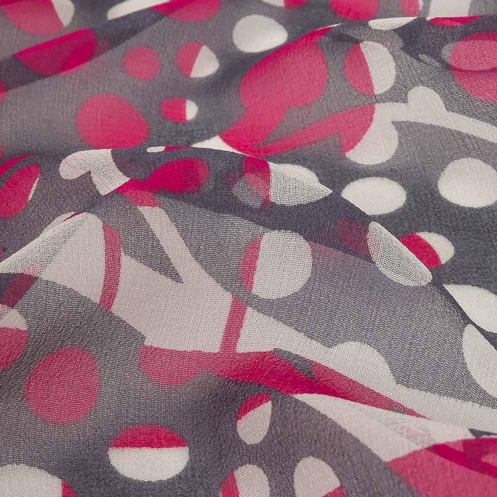 Fuchsia, Gray and White Circles and Stripes Silk Chiffon - Joann Fabrics
