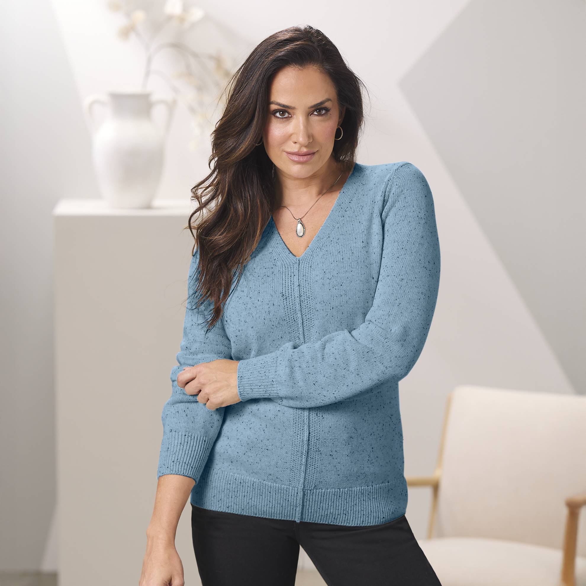 Tweed V-Neck Pullover Sweater, Center Front Seam - Northstyle Catalog