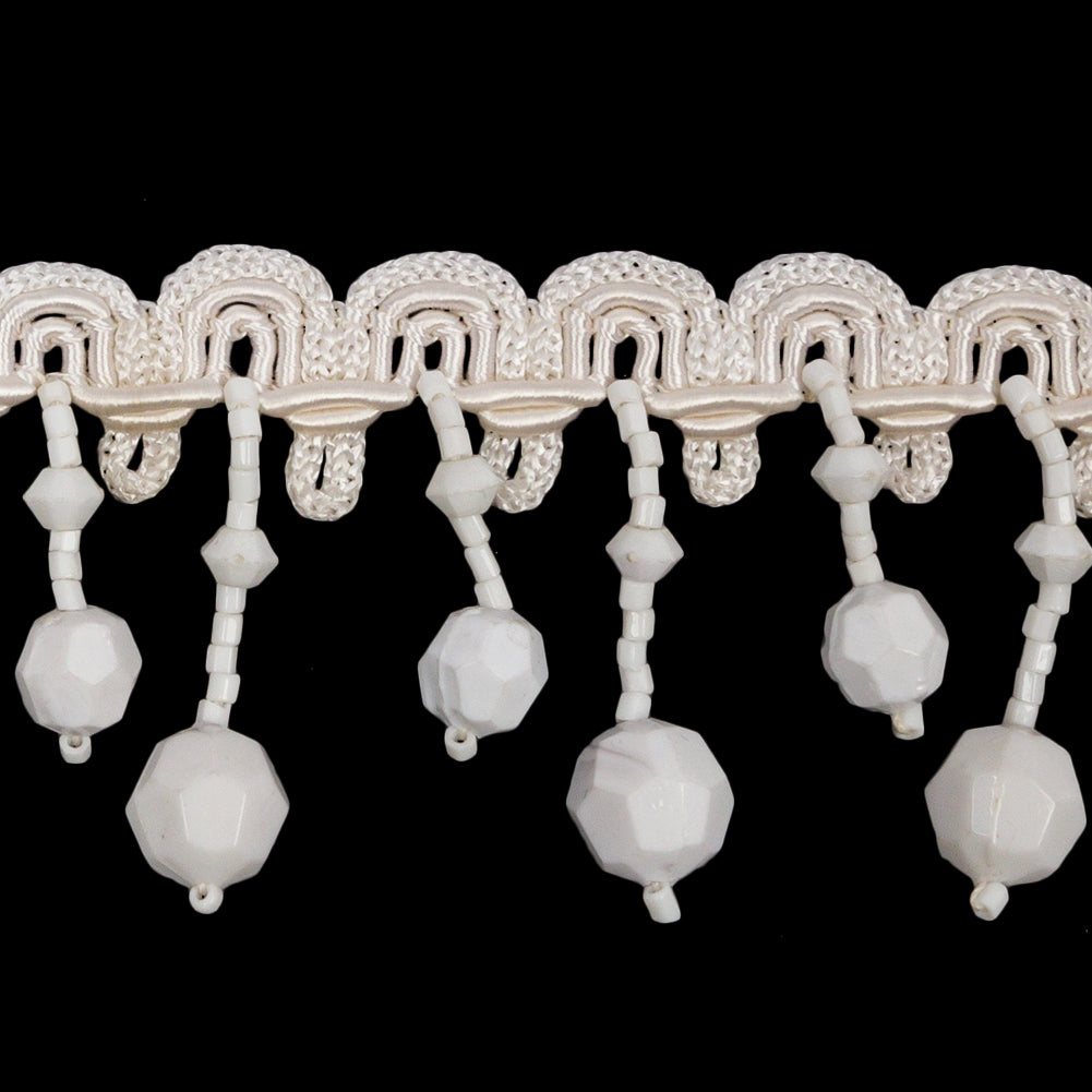 Vintage Chalk White Faceted Round Beaded Fringe on Ivory Gimp Braided Trim - 1.5