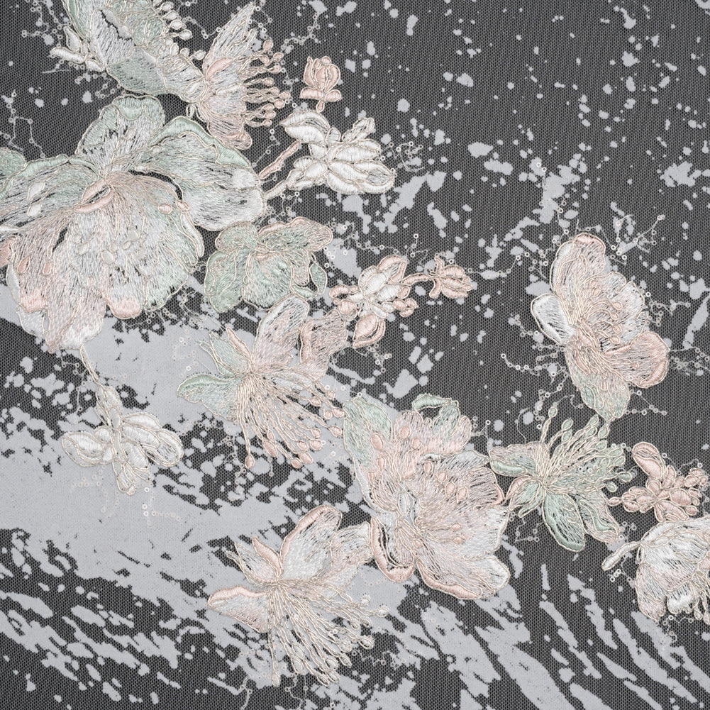 Embroidered Abstract Flocked Tulle with Baby Sequins - Off White, Pale Pink and Mint Floral - Joann Fabrics