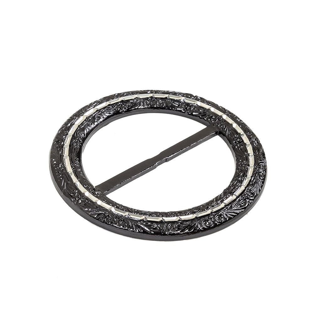 Vintage Black Classical Swirls Round Slider with Faceted Silver Band - 2.75