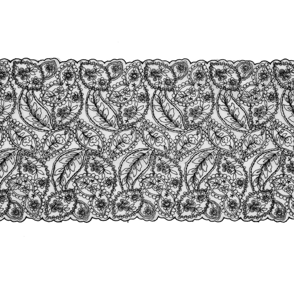 White Mesh Trim with Black Foliage Embroidery - 8