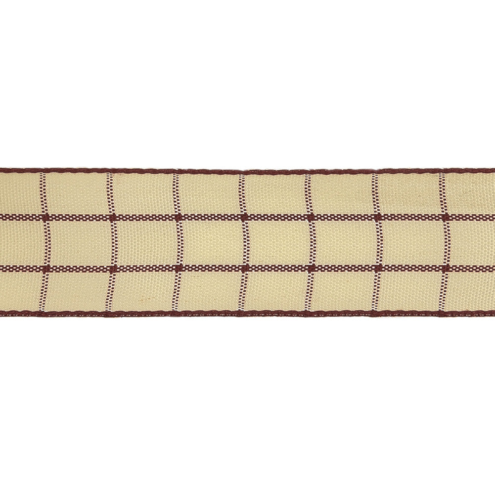 Burgundy and Ethereal Green Windowpane Check Woven Ribbon - 1