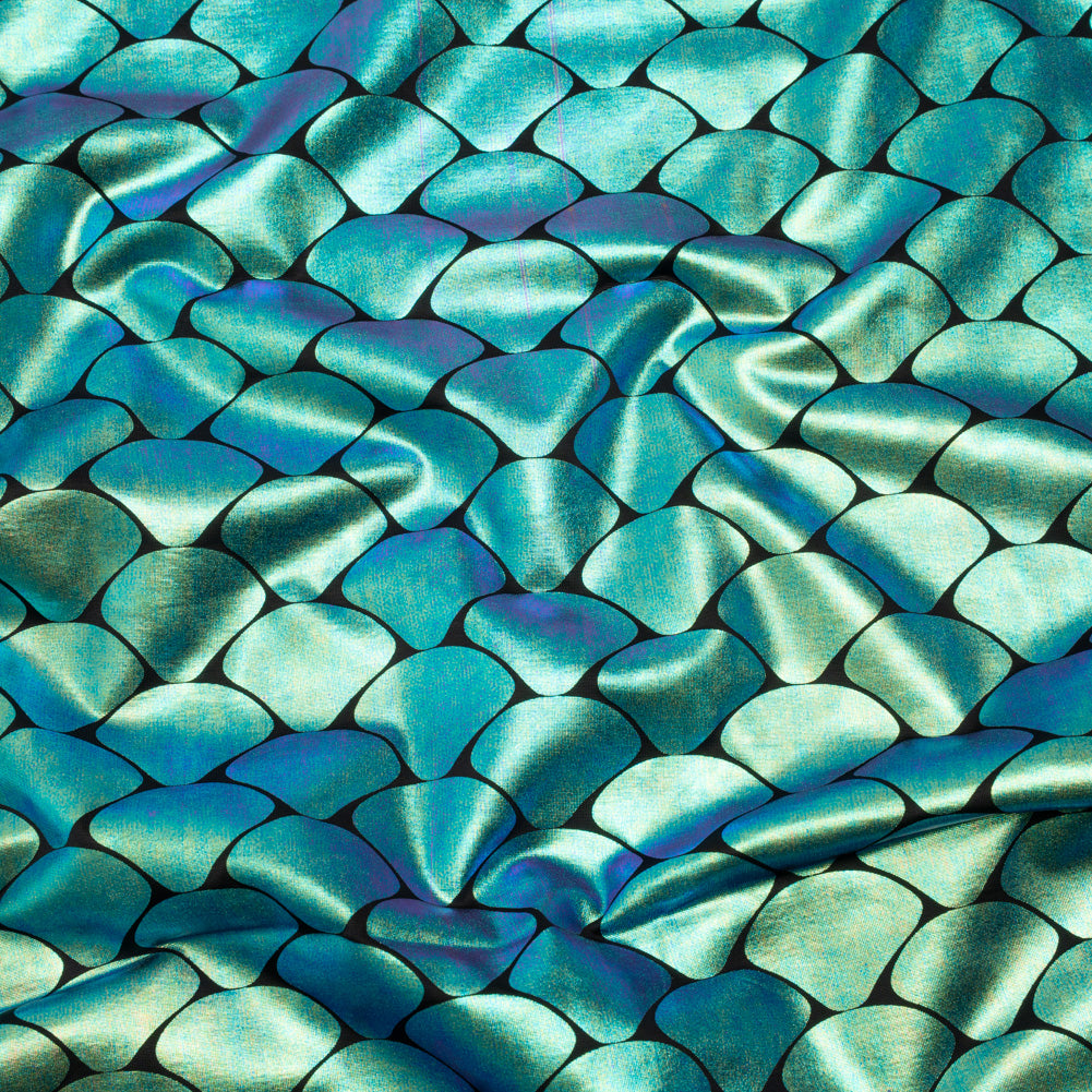 Yaya Han Metallic Foiled Stretch Spandex Polyester Jersey - Aqua Blue and Purple Oil Slick Mermaid Fish Scales on Black - Cosplay Collection - Joann Fabrics