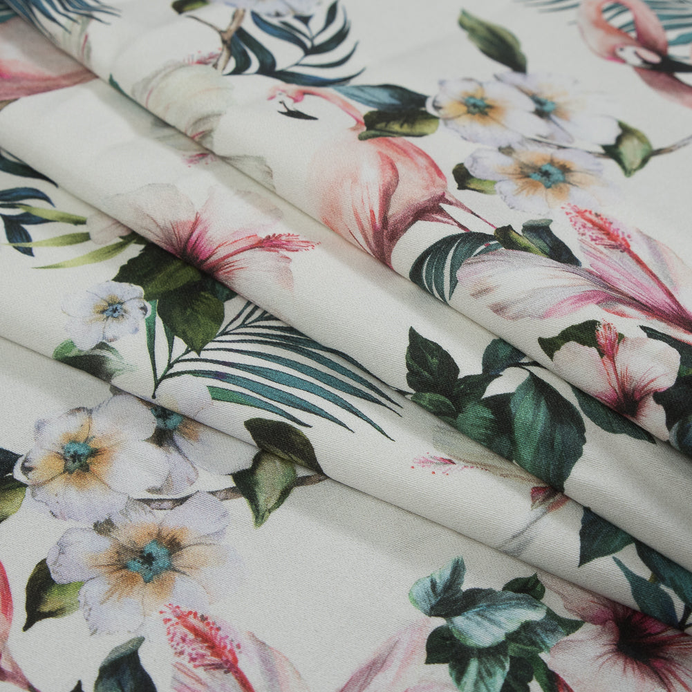 Stretch Cotton Sateen - White Flamingos and Leaves - Balance of Unity Print - Mood Exclusive Key Largo Collection - Joann Fabrics