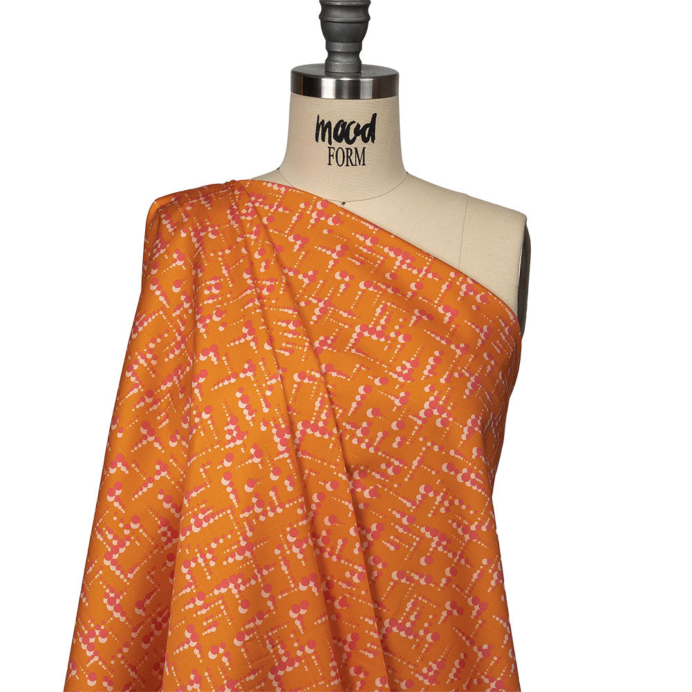 Stretch Cotton Sateen - Orange and Pink Dot Lines - Spot of Sunshine Print - Mood Exclusive Citrus Collection - Joann Fabrics