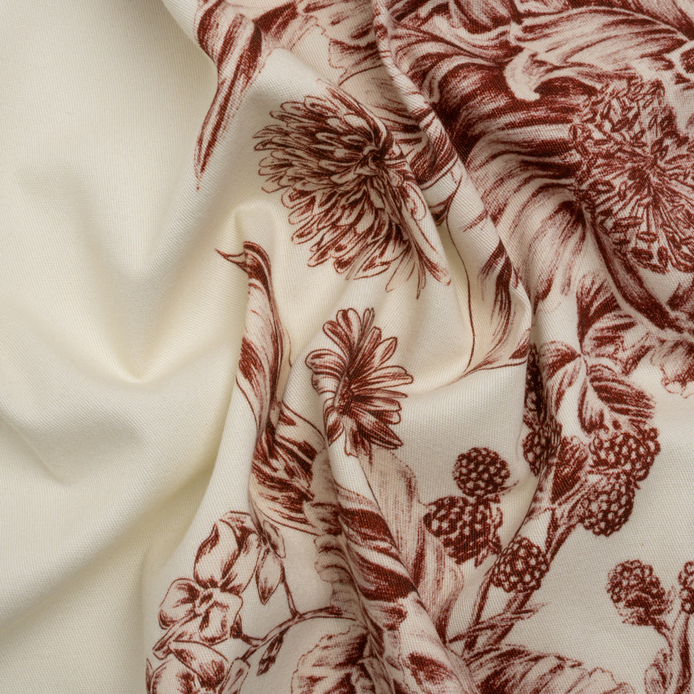 Brushed Stretch Cotton Twill Print - Cranberry Red and White Floral Border Stripes - Mood Exclusive Sanctuary Sketch - Joann Fabrics