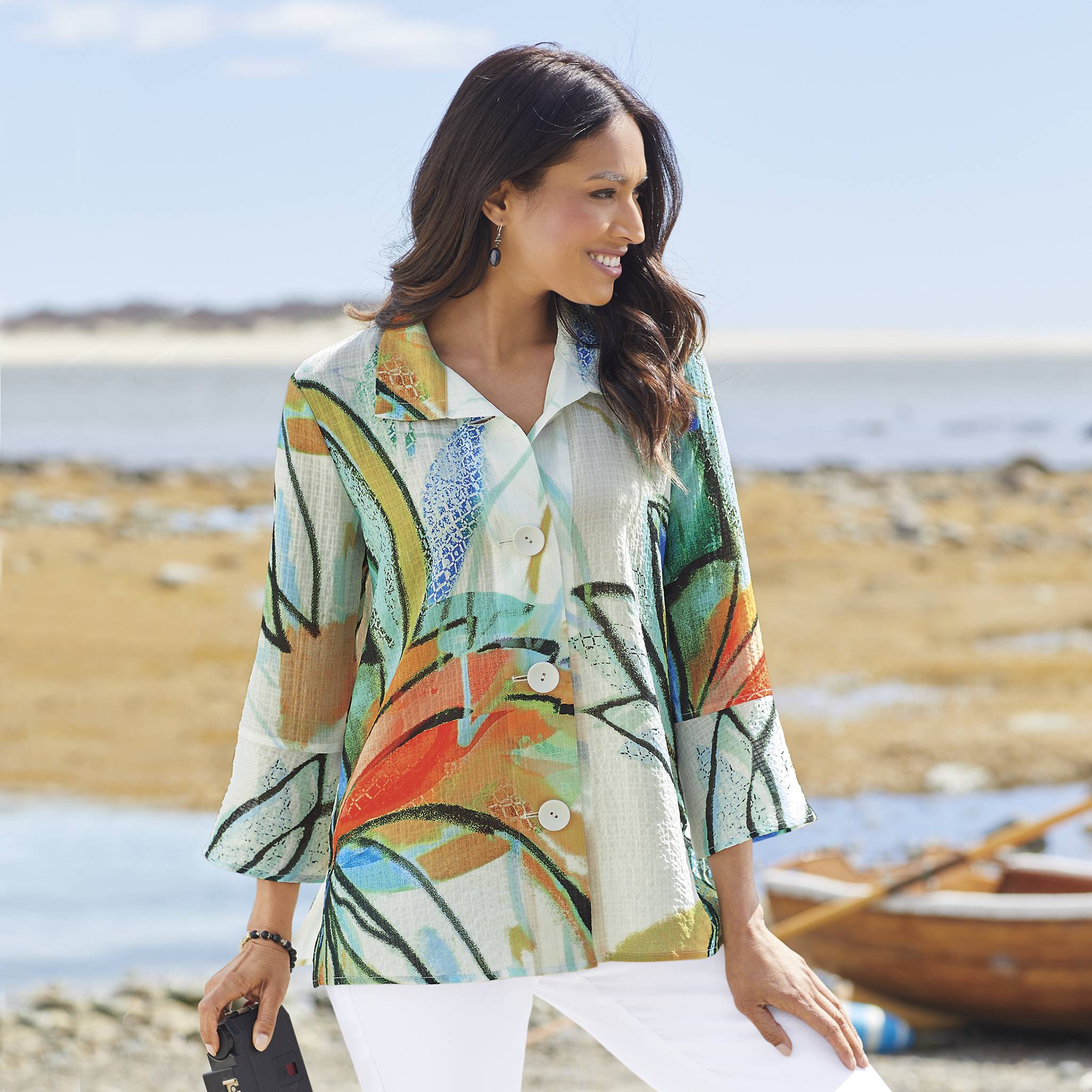 Artsy Floral Top, Button Front, 3/4 Sleeves, Flared Cuffs - Northstyle Catalog