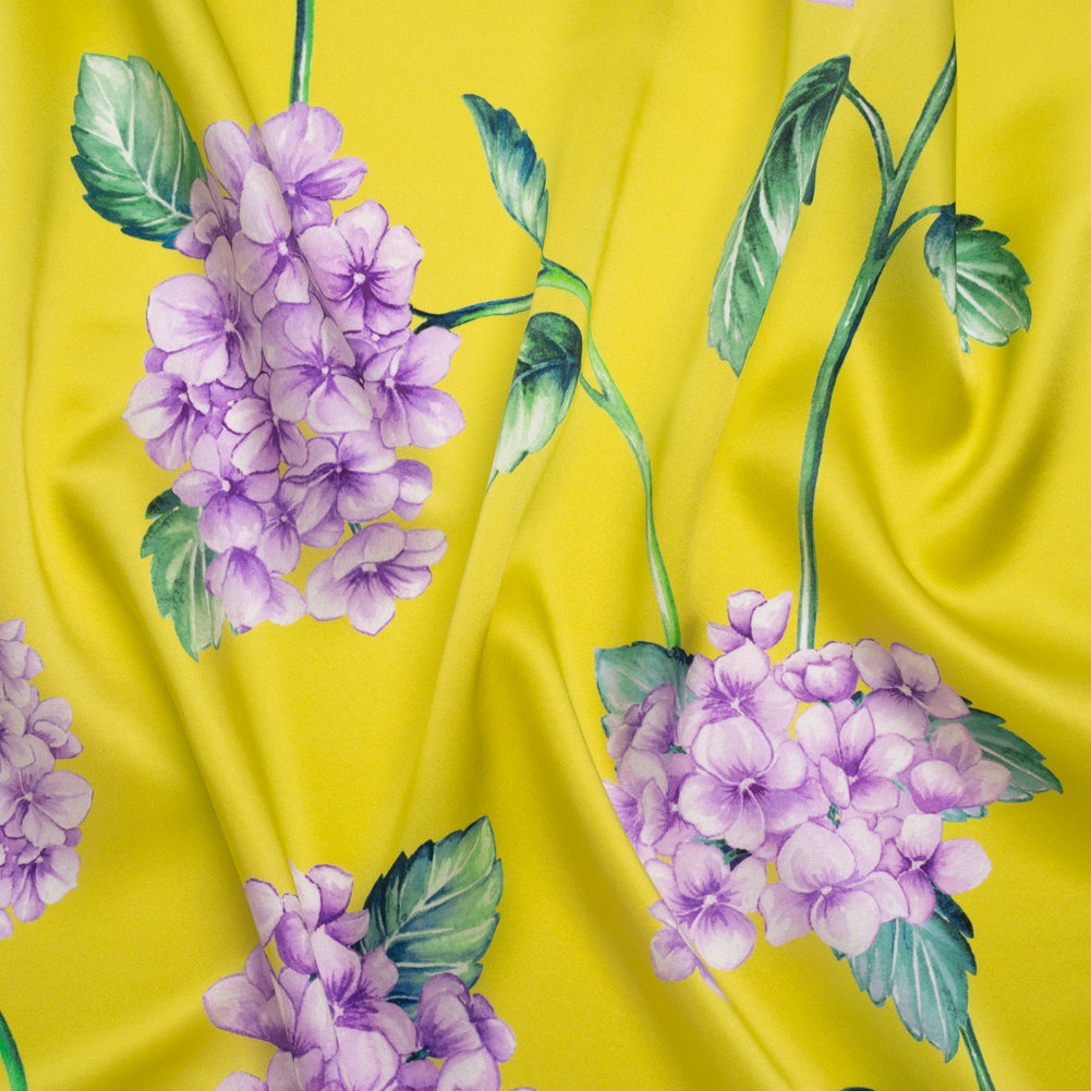 Silk Charmeuse Print 16MM, Made in Italy - Chartreuse and Lilac Hydrangeas - Joann Fabrics