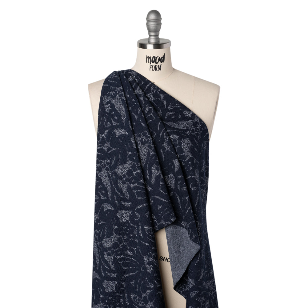 Puckered Polyester Jacquard Knit - Navy and Ivory Floral - Designer Deadstock - Joann Fabrics
