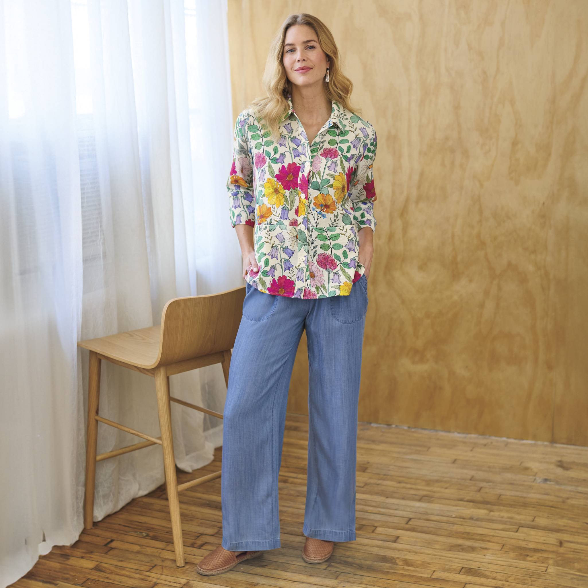 Wildflower Button-Front Tunic, 3/4 Sleeves, Front Pockets, High-Low Hem - Northstyle Catalog