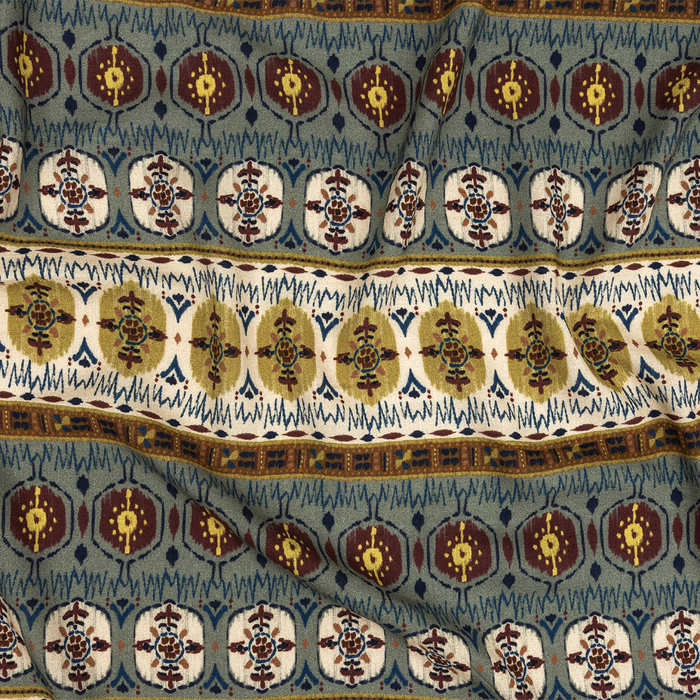 Slubbed Viscose Woven Print - Olive and Slate Medallion Stripes - Mood Exclusive Hipster Haven - Joann Fabrics