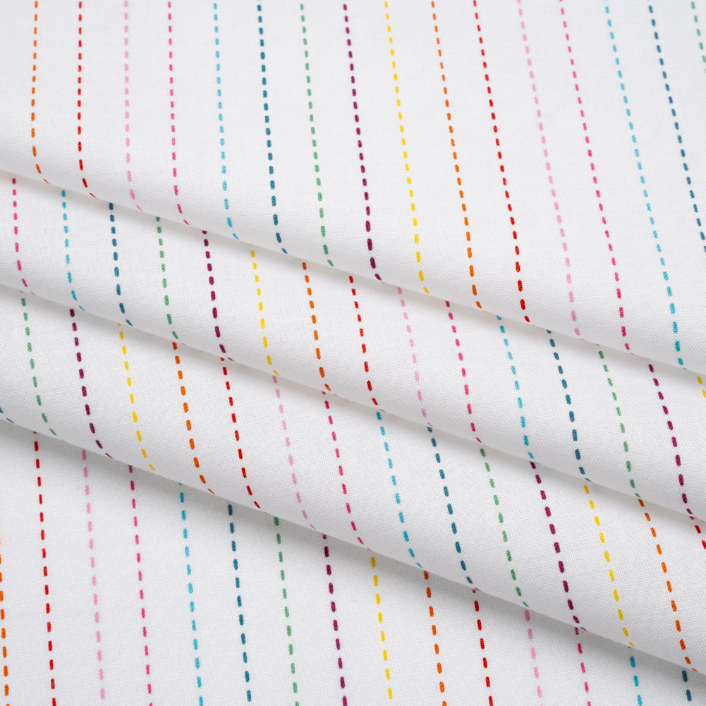 Printed Quilting Cotton by Ghazal Razavi for FIGO Studio - Rainbow and White Dashed Stripes - Dovetail Collection - Joann Fabrics