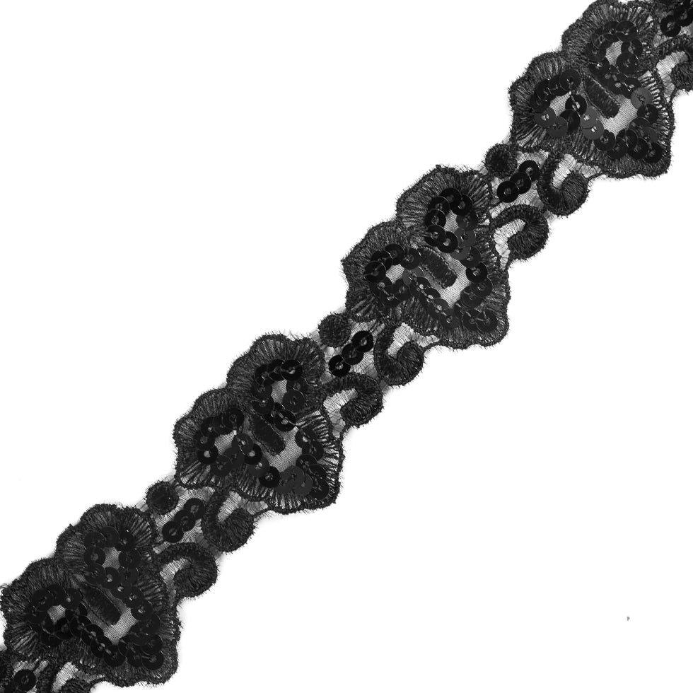 Black Embroidered Organza Sequin Trim - 1.5