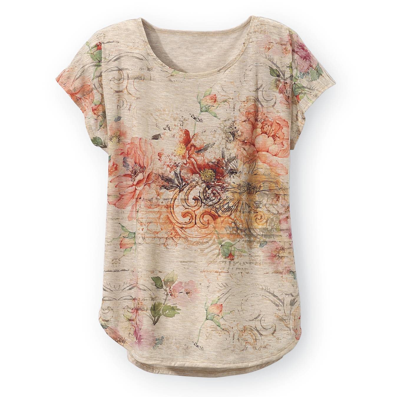 Filigree Floral Top, Soft, Dolman Cap Sleeves, Curved High-Low Hem - Northstyle Catalog