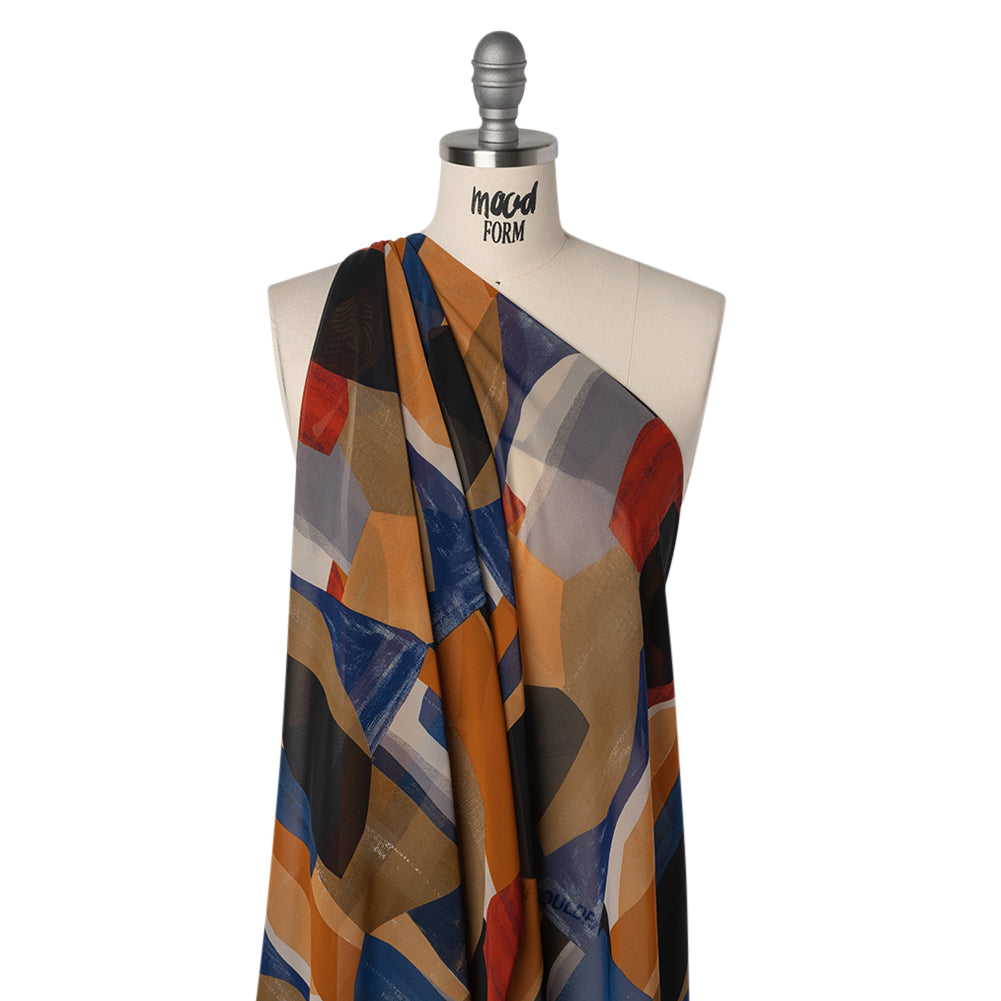 Polyester Chiffon Print - Dark Blue, Burnt Orange and Tan Abstract - Designer Deadstock - Joann Fabrics