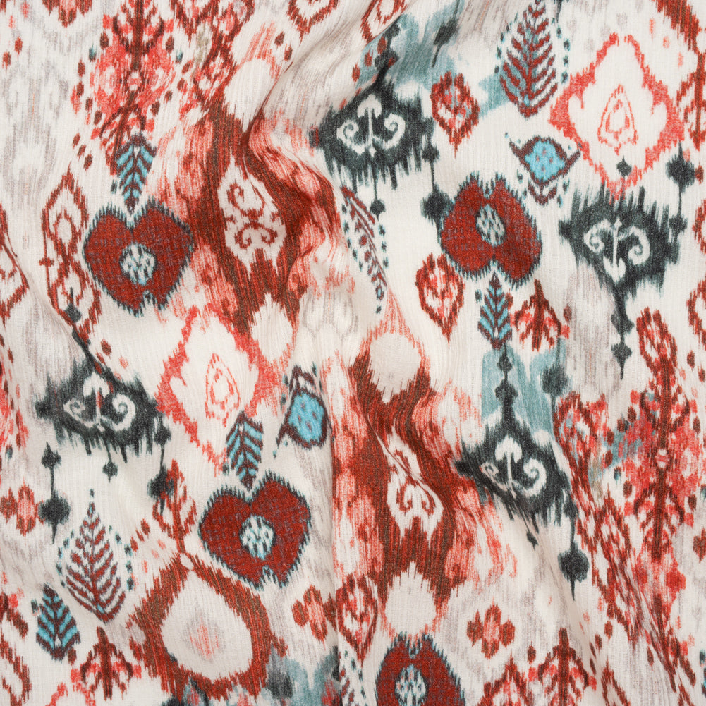 Slubbed Gauzy Cotton Woven - Coral Red, Dark Blue and Light Gray Ikat Leaves and Swirls - Mood Exclusive Fanciful Fairy Print - Joann Fabrics