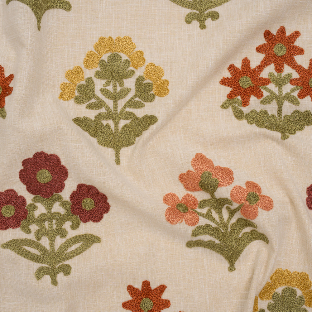 Polyester and Cotton Slubbed Drapery Woven with Viscose Embroidery - Terracotta Simple Flowers - British Imported - Joann Fabrics