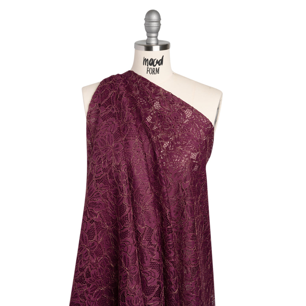 Stretch Metallic Corded Lace with Finished Edges - Dark Purple and Gold Tropical Blossoms - Ottilie Collection - Joann Fabrics
