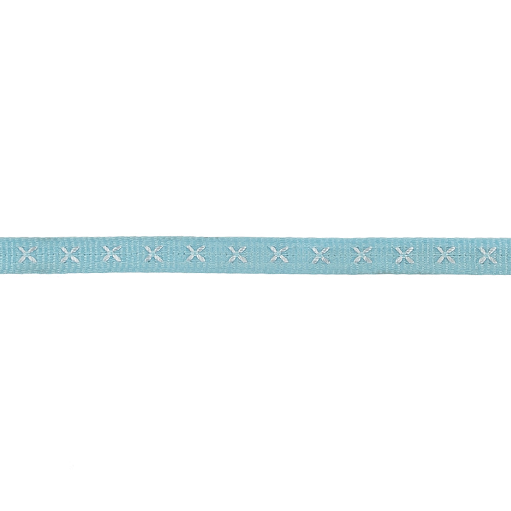 Sky Blue Grosgrain Ribbon with Blanc de Blanc Stitched Flowers - 0.25