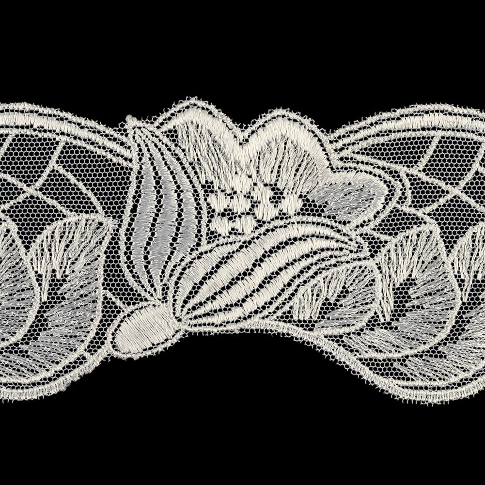 White Luminous Blooming Flowers Embroidered Lace Trim - 2.375