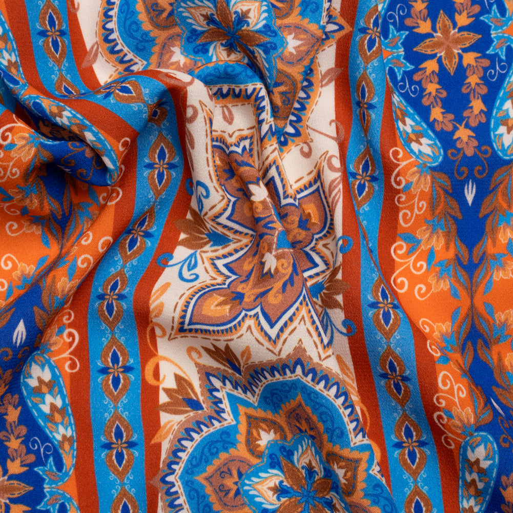 Viscose Crepe Print - Blue and Orange Floral Medallion Stripes - Mood Exclusive Happy Hayday - Joann Fabrics