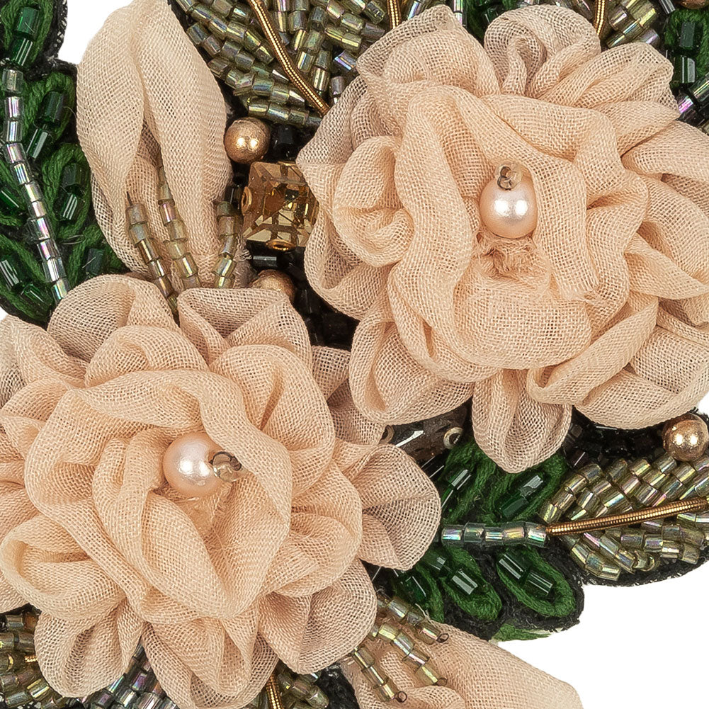 Peach, Pink and Green Fabric Flowers and Glass Beaded Bouquet Applique - 4.5