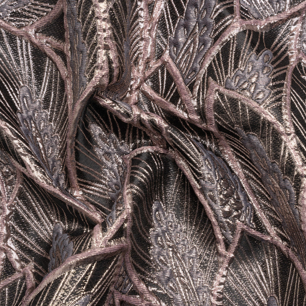 Metallic Dusty Rose, Silver and Black Decorated Feathers Luxury Brocade - Joann Fabrics