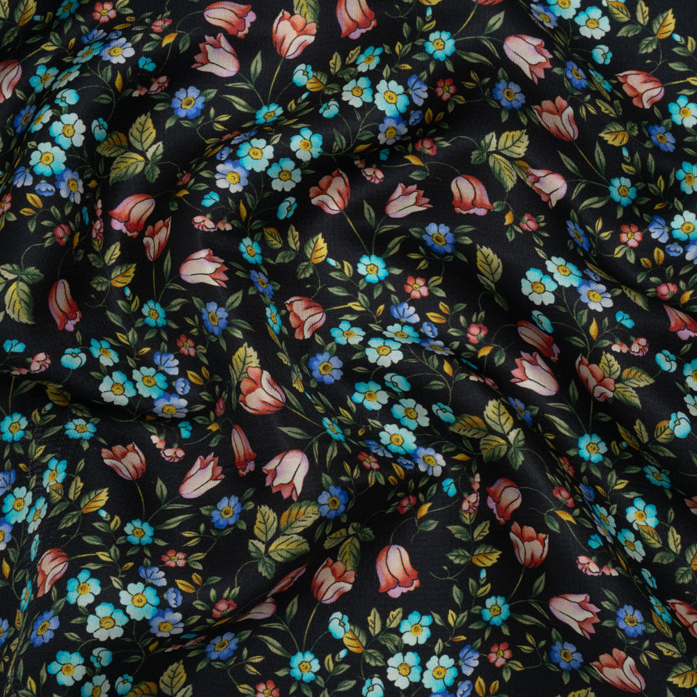 Crepe Like Silk Woven Print Made in Italy - Black, Pink and Sky Blue Little Flowers - Deadstock - Joann Fabrics