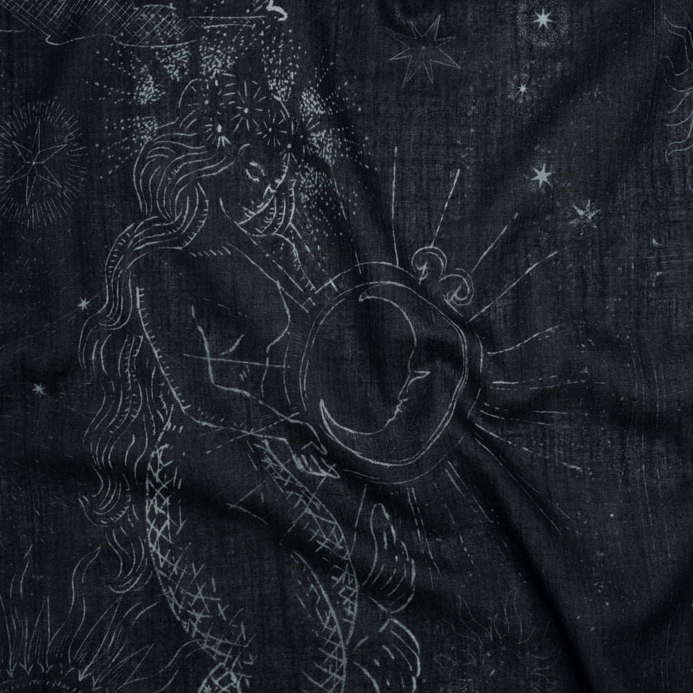 Crinkled Cotton Gauzy Woven - Midnight Blue and White Celestial Motifs - Mood Exclusive Moonlit Tides Print - Joann Fabrics
