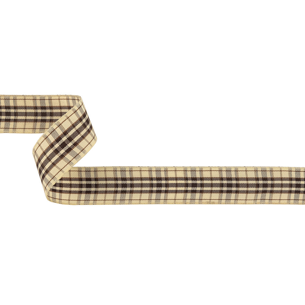 Brown Stone, Tan and Vanilla Ice Plaid Woven Ribbon - 1