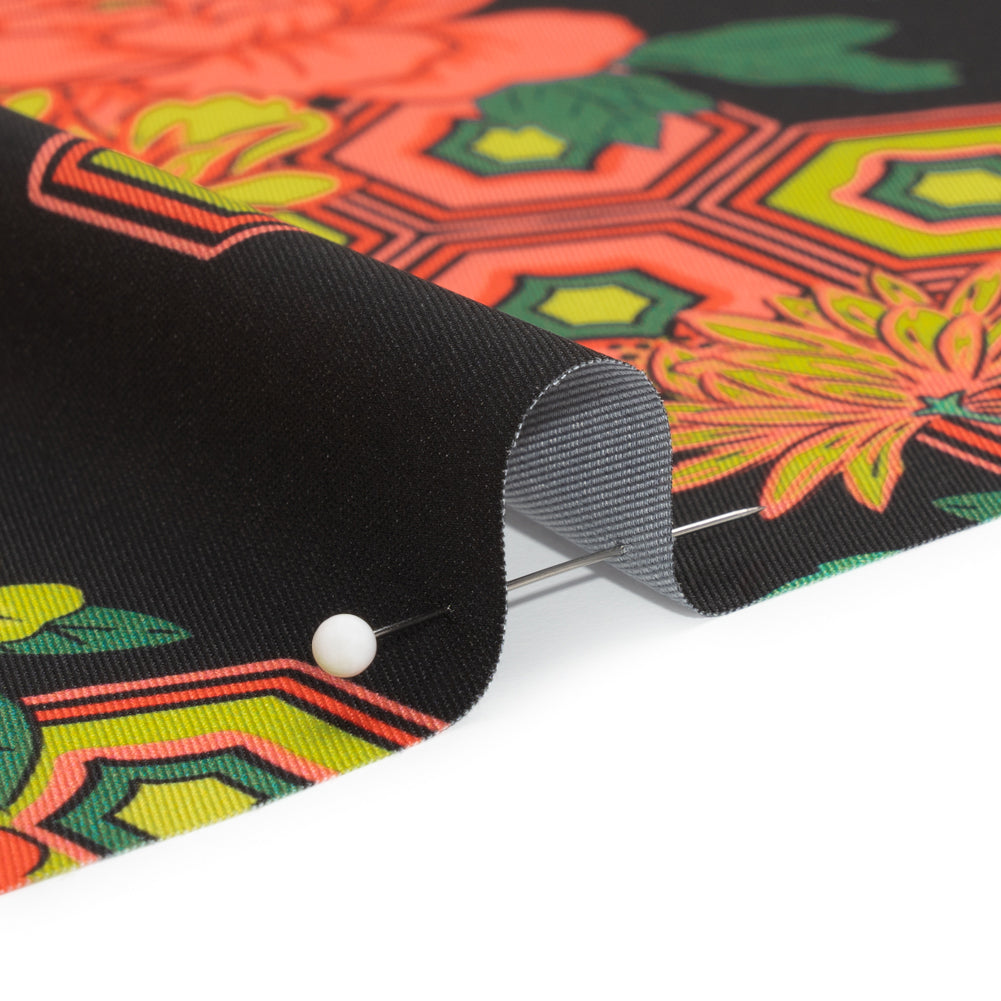 Recycled Polyester Twill Print - Black, Yellow and Coral Honeycomb Floral - Mood Exclusive Rose and Honey - Joann Fabrics