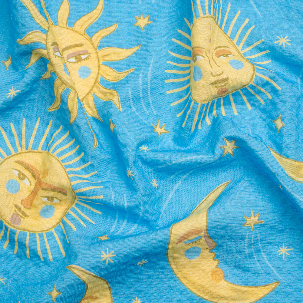 Cotton and Viscose Striped Seersucker Print - Sky Blue Suns and Moons - Mood Exclusive Friendly Faces - Joann Fabrics