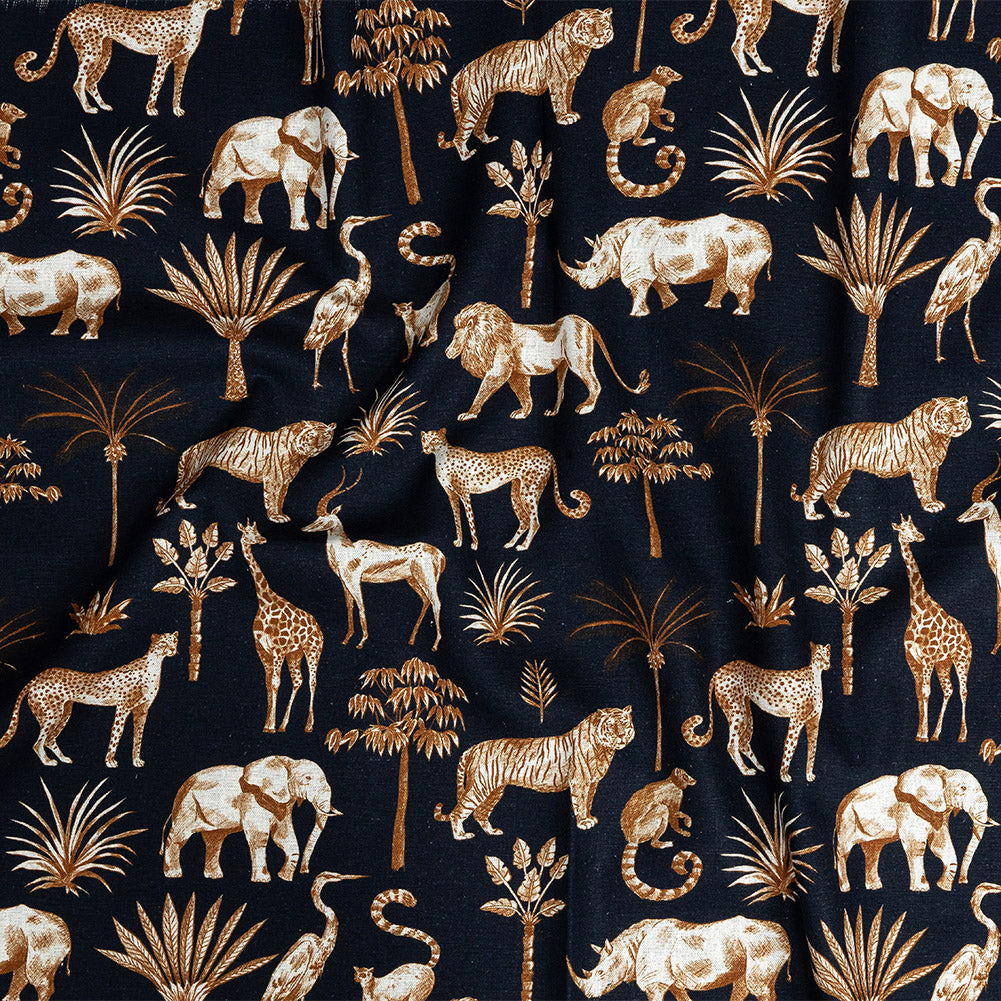 Linen and Rayon Woven - Navy and Yellow Animals and Palms - Hegemonic Hierarchy Print - Mood Exclusive Tumunyana Collection - Joann Fabrics