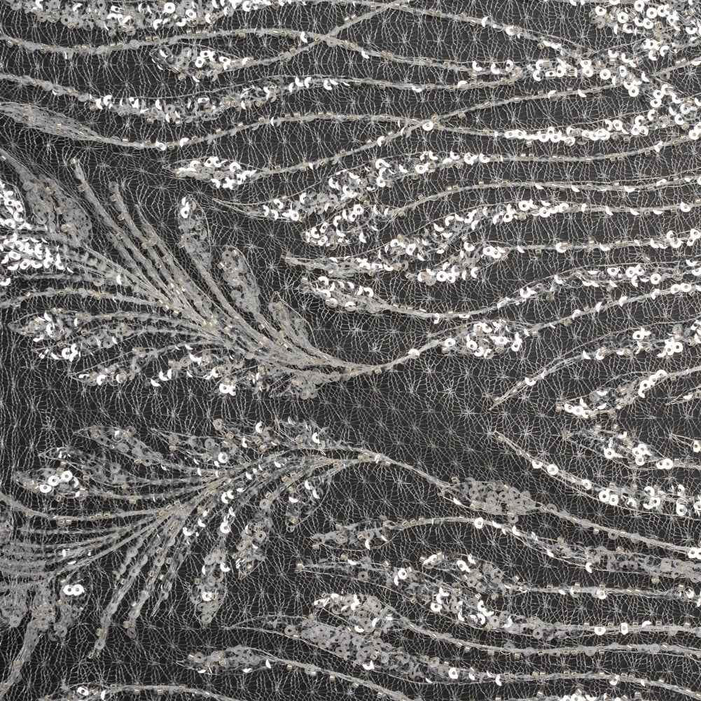 Embroidered Lace Netting with Sequins - Off White and Silver Water Plants on Lattice - Joann Fabrics
