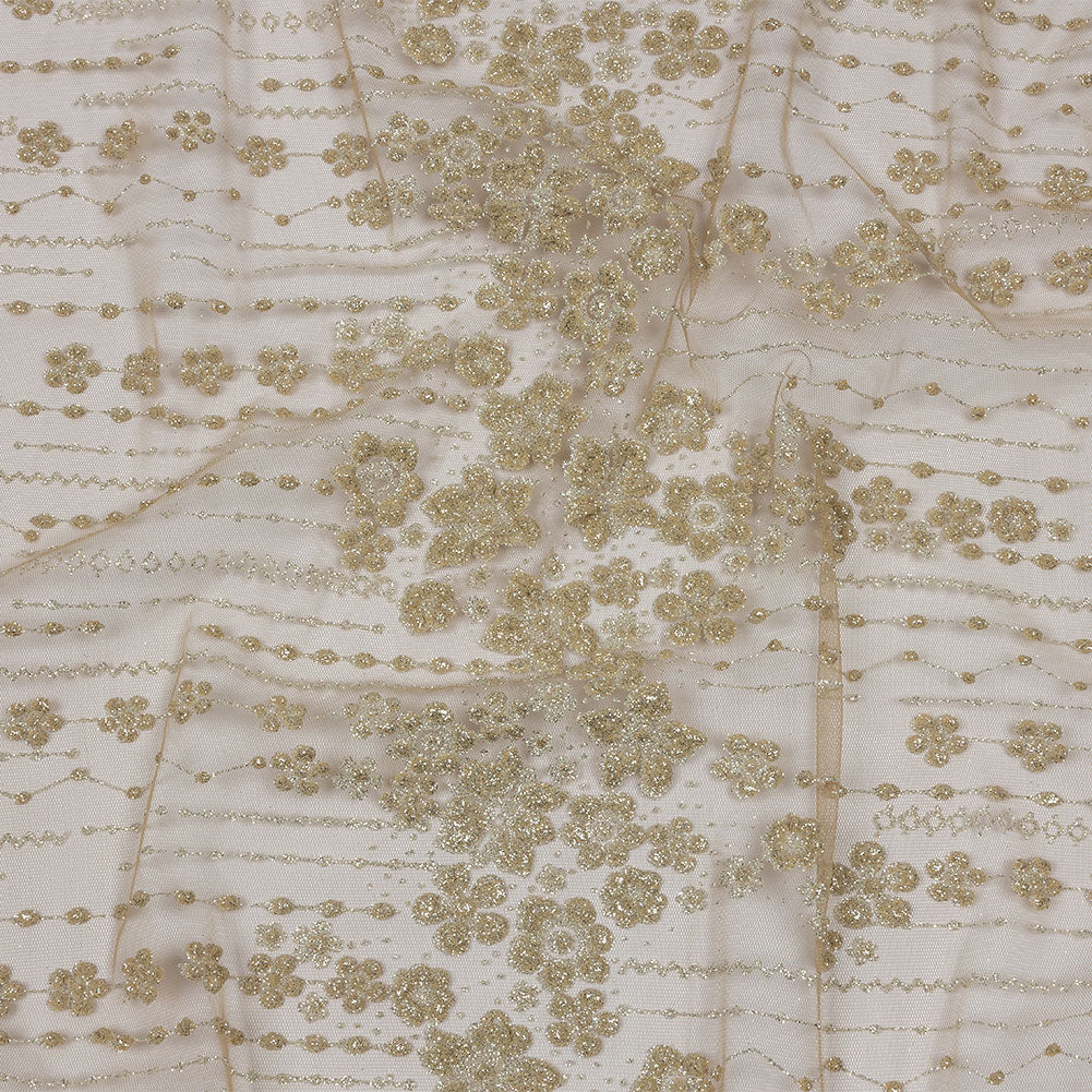 3D Puffy Glitter Tulle - Tan and Silver Dotted Stripes and Floral Border - Joann Fabrics