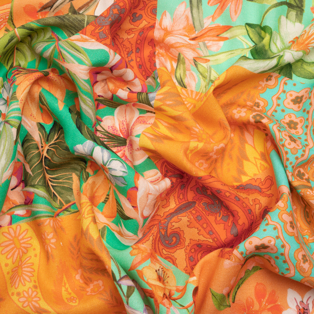 Linen and Rayon Woven Print - Turquoise and Orange Floral and Paisley Patchwork - Mood Exclusive Feel the Power - Joann Fabrics