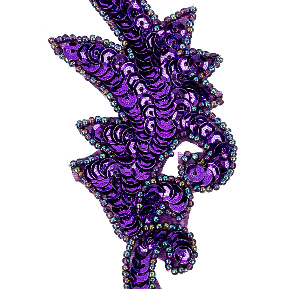 Vintage Purple Iris Sequins and Iridescent Seed Beaded Leaf Applique - 3.75