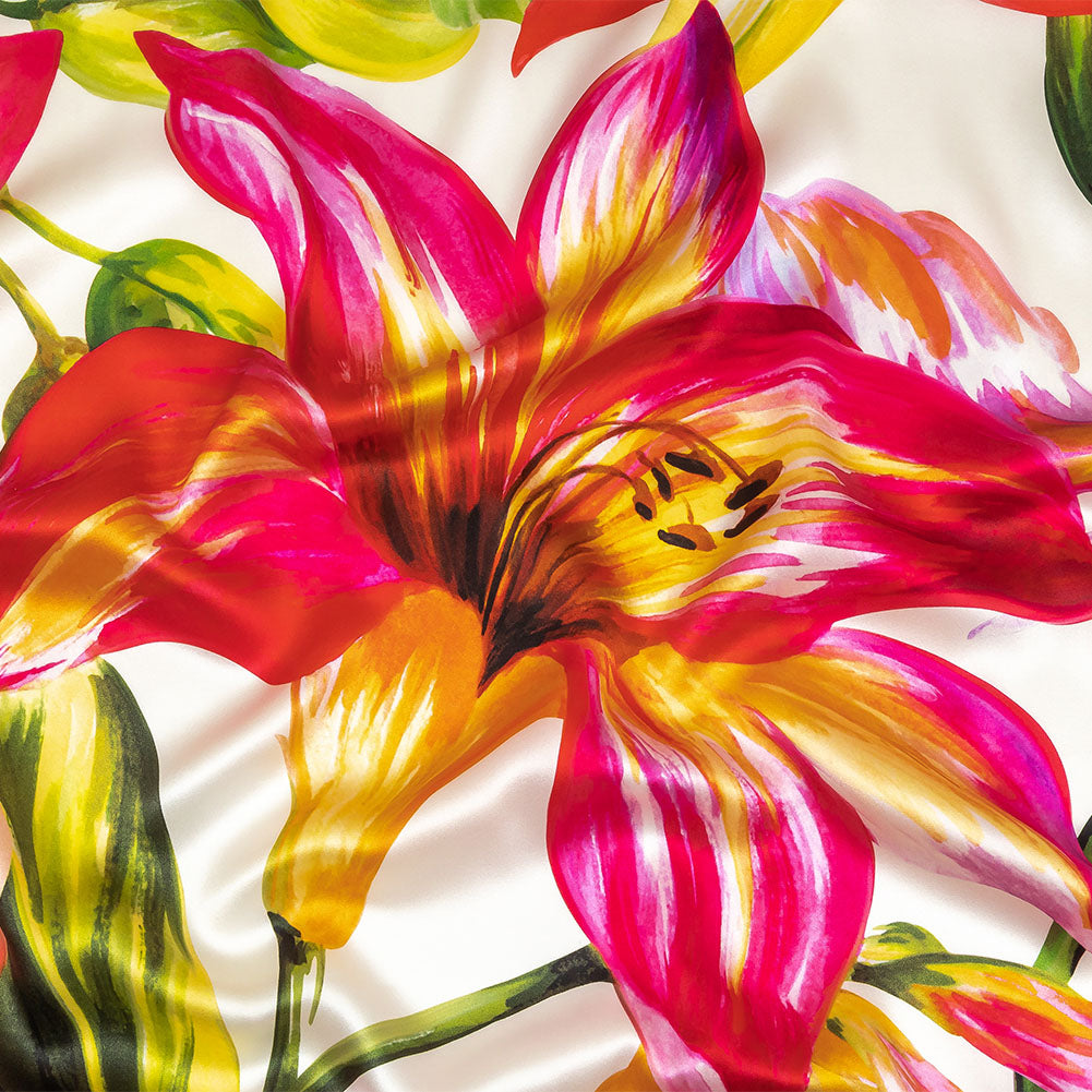 Mood Exclusive Italian Magenta, Orange and Green Lilies Silk Charmeuse - Joann Fabrics