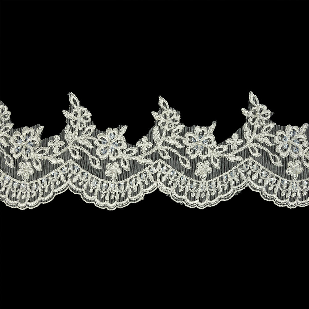 Off White and Striped Metallic Silver Floral and Scalloped Edge Corded Bridal Lace Trim with Sequins and Faux Pearl Beads - 3.5