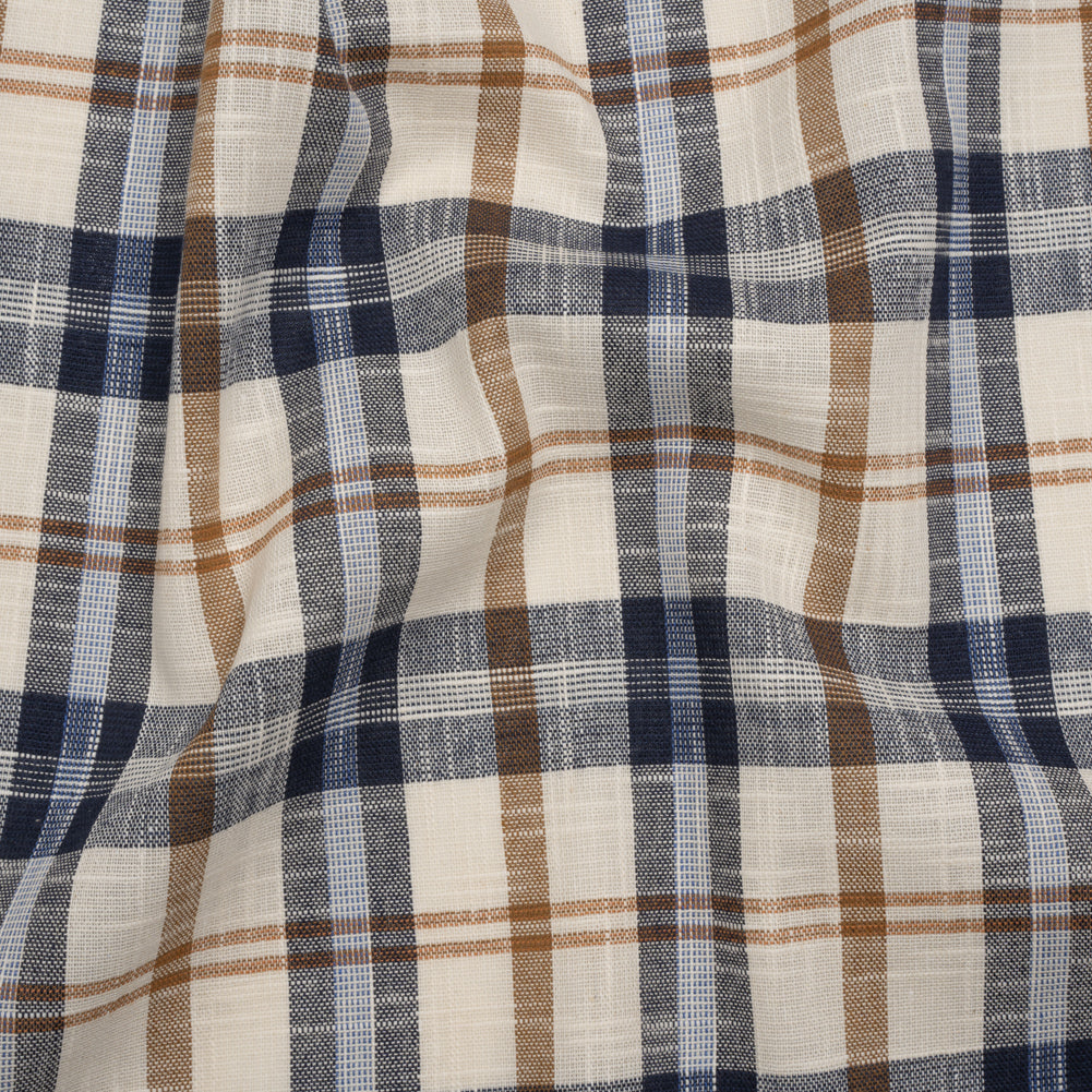 Lightweight Linen Woven - Navy, Camel Brown and Cream Plaid - Deadstock - Joann Fabrics