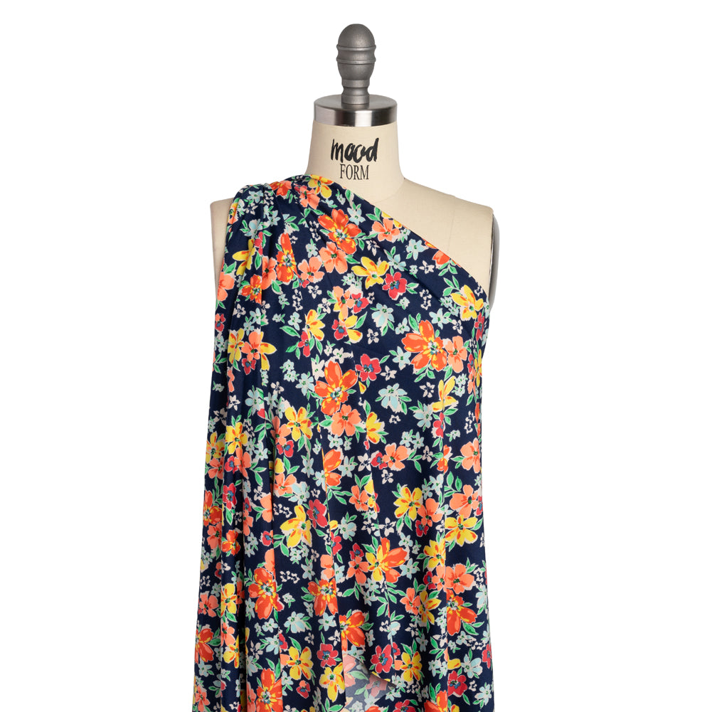 Stretch Polyester Tricot - Navy, Orange and Yellow Floral - Designer Deadstock - Joann Fabrics