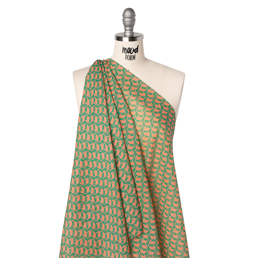 Cotton Voile Print - Kelly Green and Peach Geometric - Deadstock - Joann Fabrics