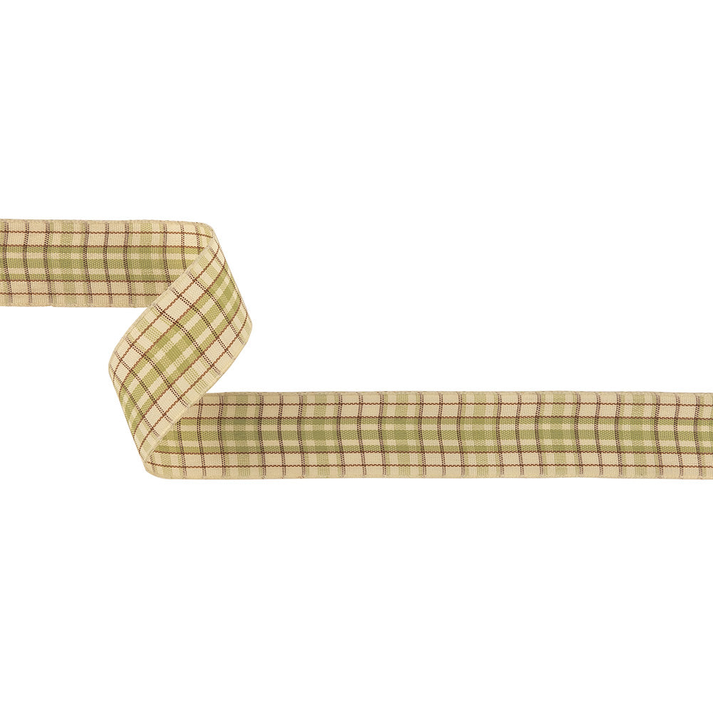 Sage, Brown and Vanilla Ice Plaid Woven Ribbon - 1