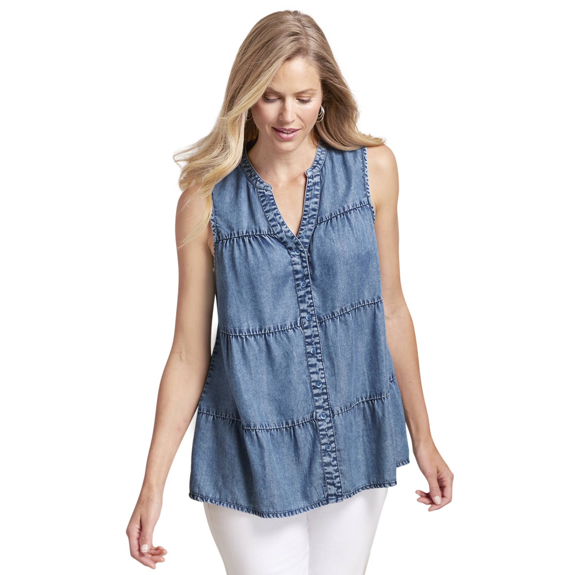 Sleeveless Tiered Shirt, Denim-Look, V-Neck, Button Front - Northstyle Catalog