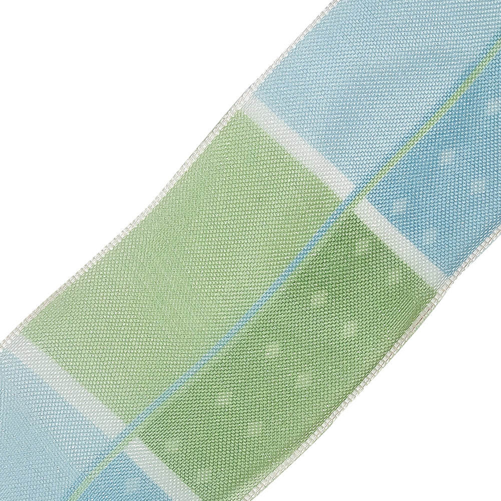 Grass Green, White and Sky Blue Polka Dots and Plaid Wired Organza Ribbon - 1.625